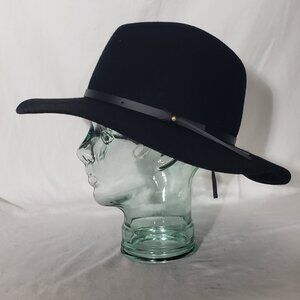 Grace Eleyae Black Wool Wide Brim Fedora - Leather Band - Adjustable - XL